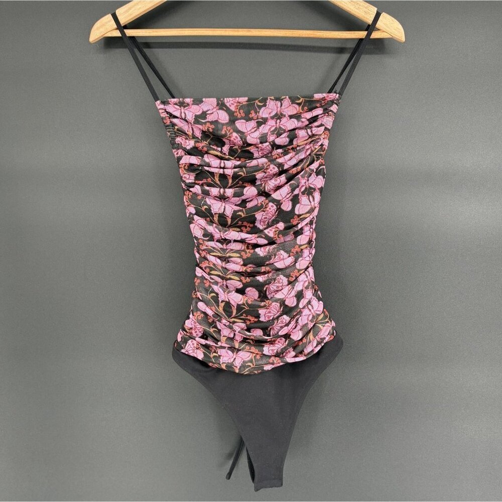 Free People Womens Ruched Butterfly Print Bodysuit XS Black Pink Going Out Top